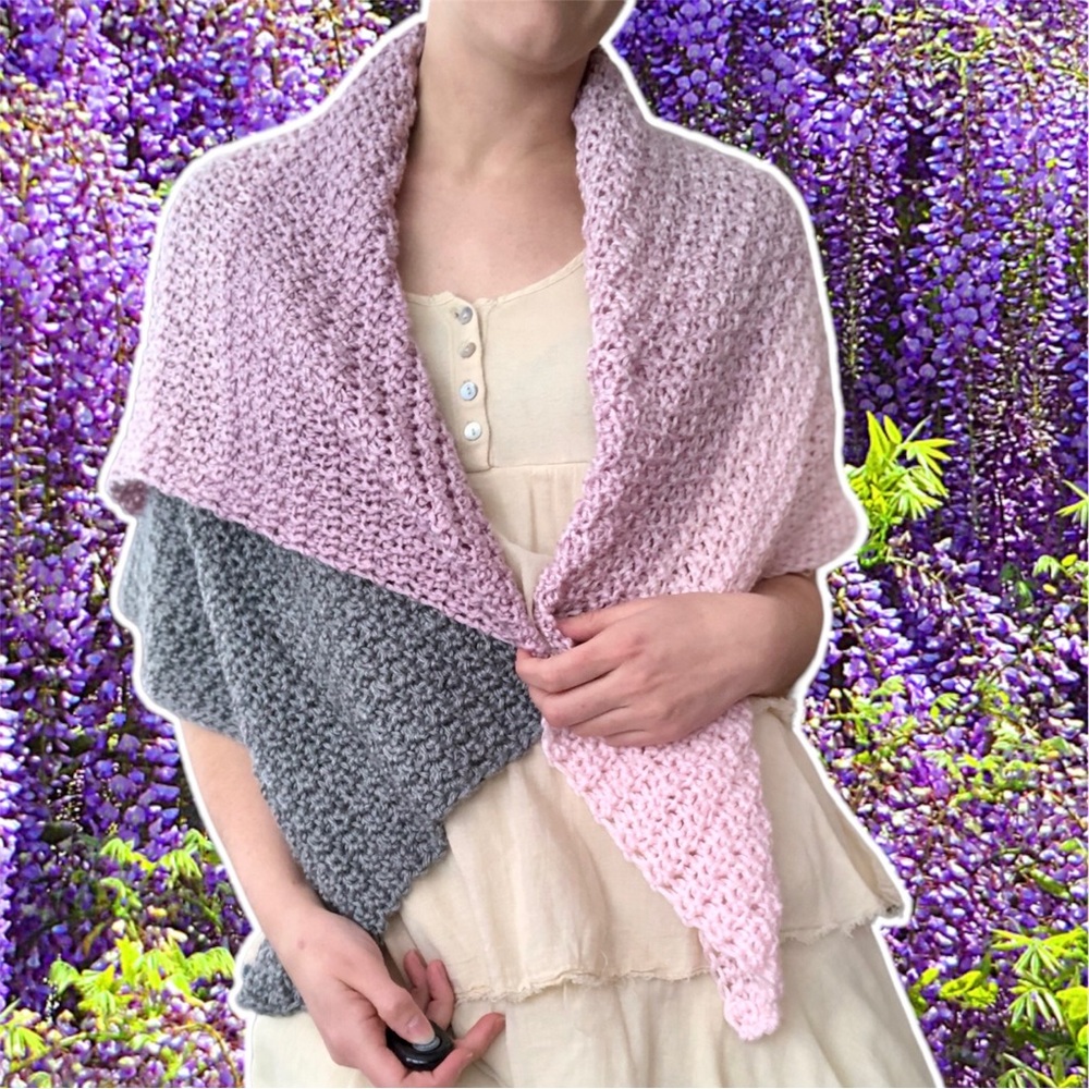 Hand Knitted Spring Fairy Mauve and Gray Gradiant Colorblock Shawl, OS